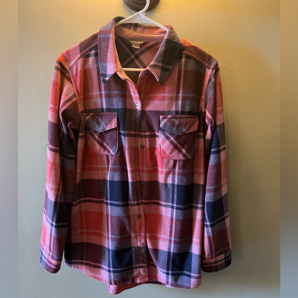 Eddie Bauer Muted Red Plaid Button Down Shirt Sz L